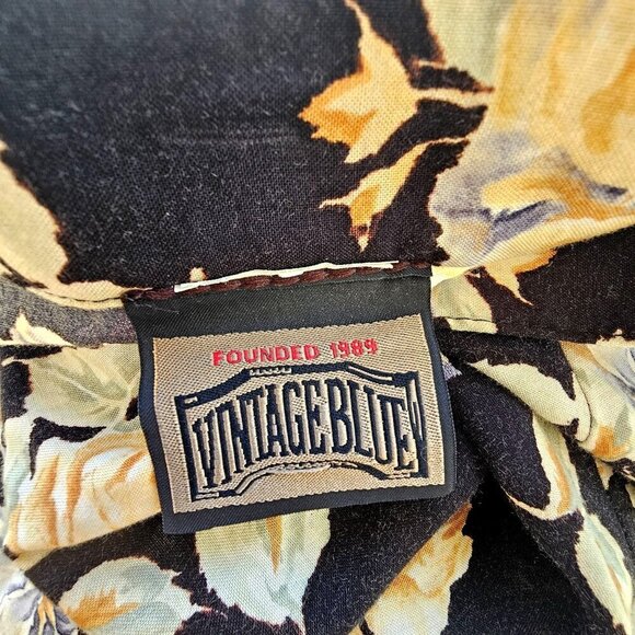 Vintage Blue 80s Full Circle Midi Skirt Jr Sz 7 Black Yellow Floral Button Front - Picture 2 of 6